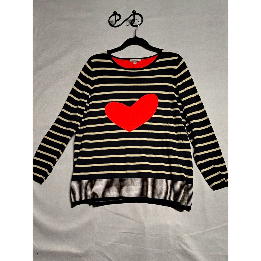Lisa Todd Women's Size L Black/Ivory Striped Heart Pullover Crew Knit Sweater